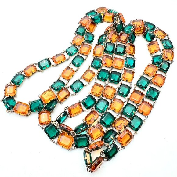 Antique Art Deco Flapper Prong Set Czech Glass Necklace 54 Inch Amber Green